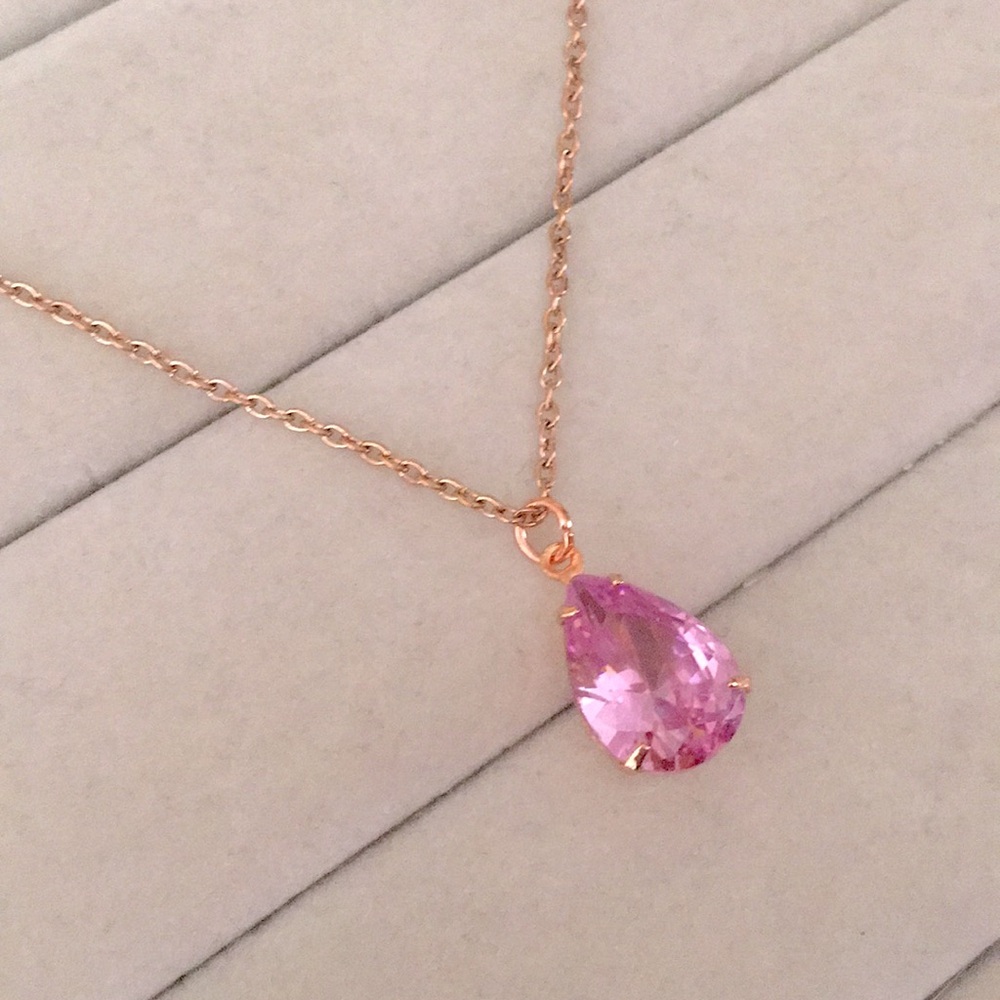 Rose Pink + Rose Gold Cubic Zirconia Pear Crystal Drop Pendant Necklace - Picture 6 of 10